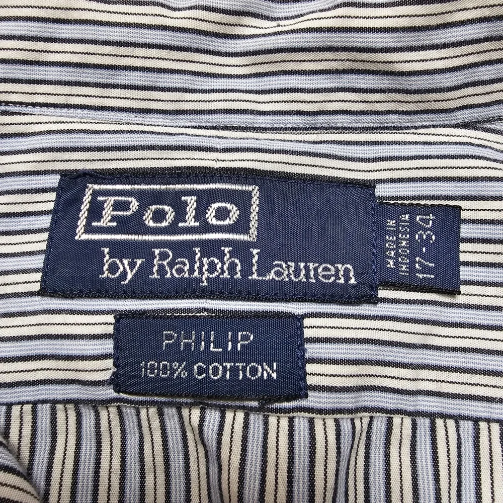 Polo Ralph‎ Lauren Philip Mens 17-34 Blue White Striped Cotton French Cuff Shirt